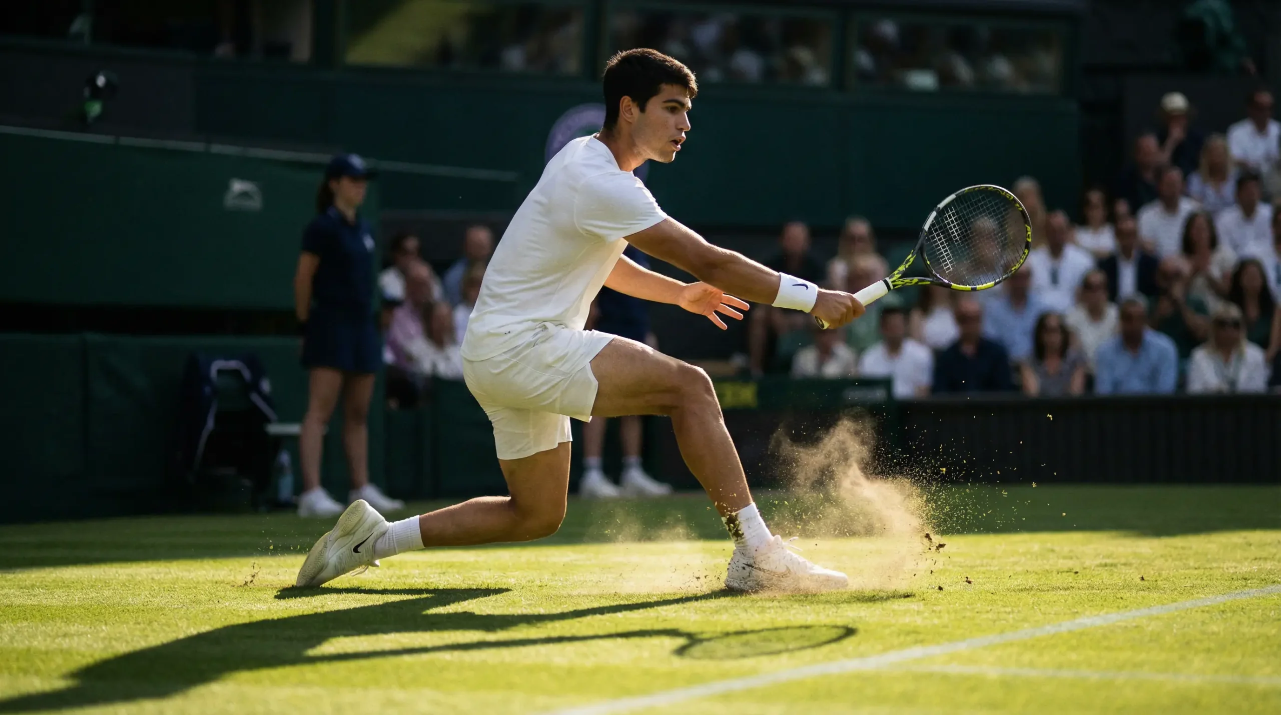 Jugador de tenis golpeando una derecha potente sobre pista de hierba en Wimbledon
