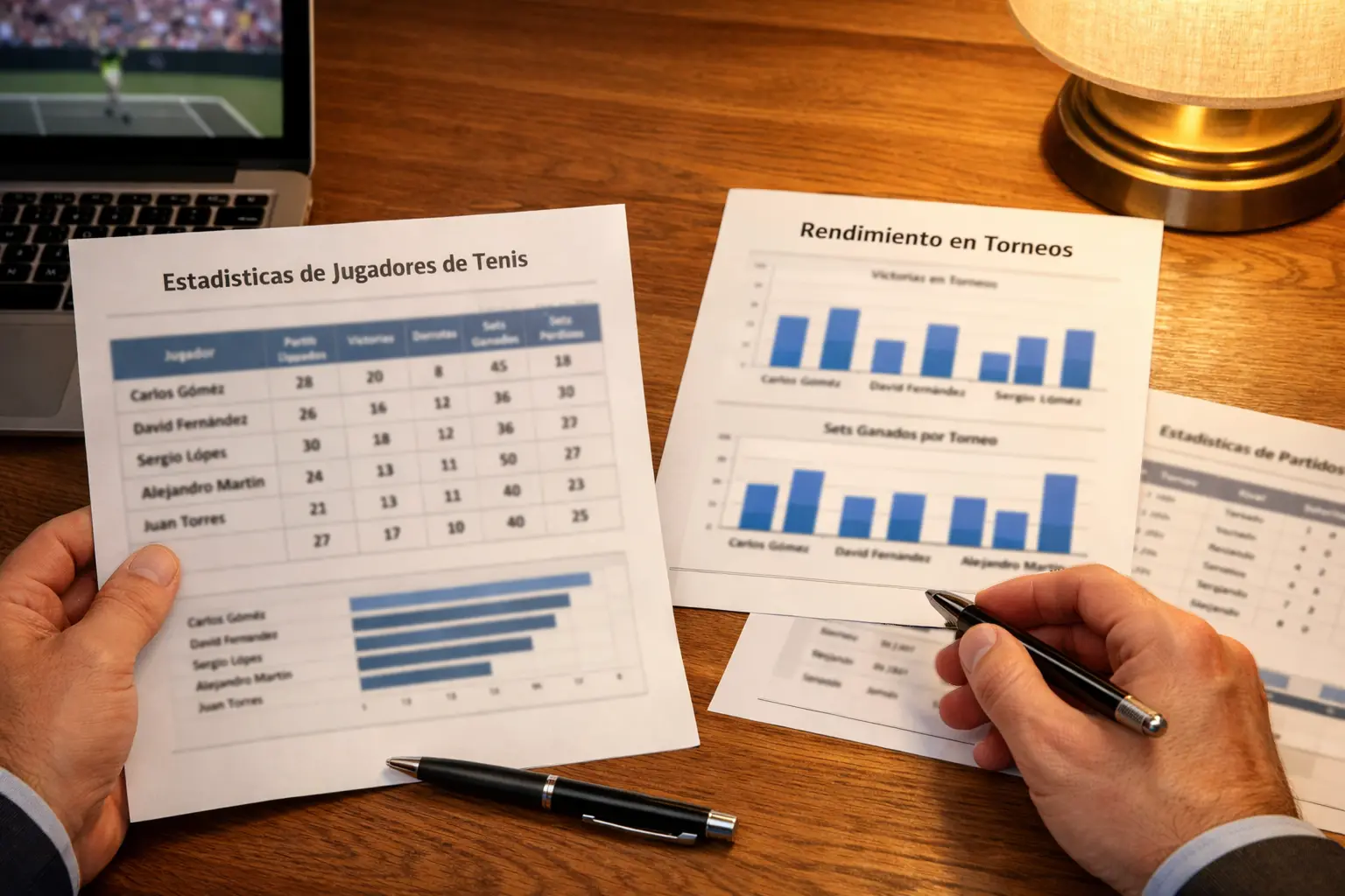 Persona analizando estadísticas de tenis en documentos con datos de partidos