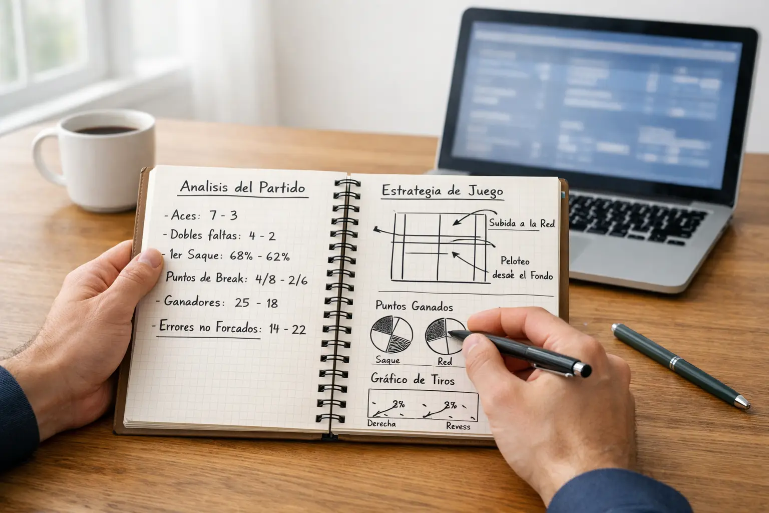 Analista revisando estadísticas de partidos de tenis en bloc de notas