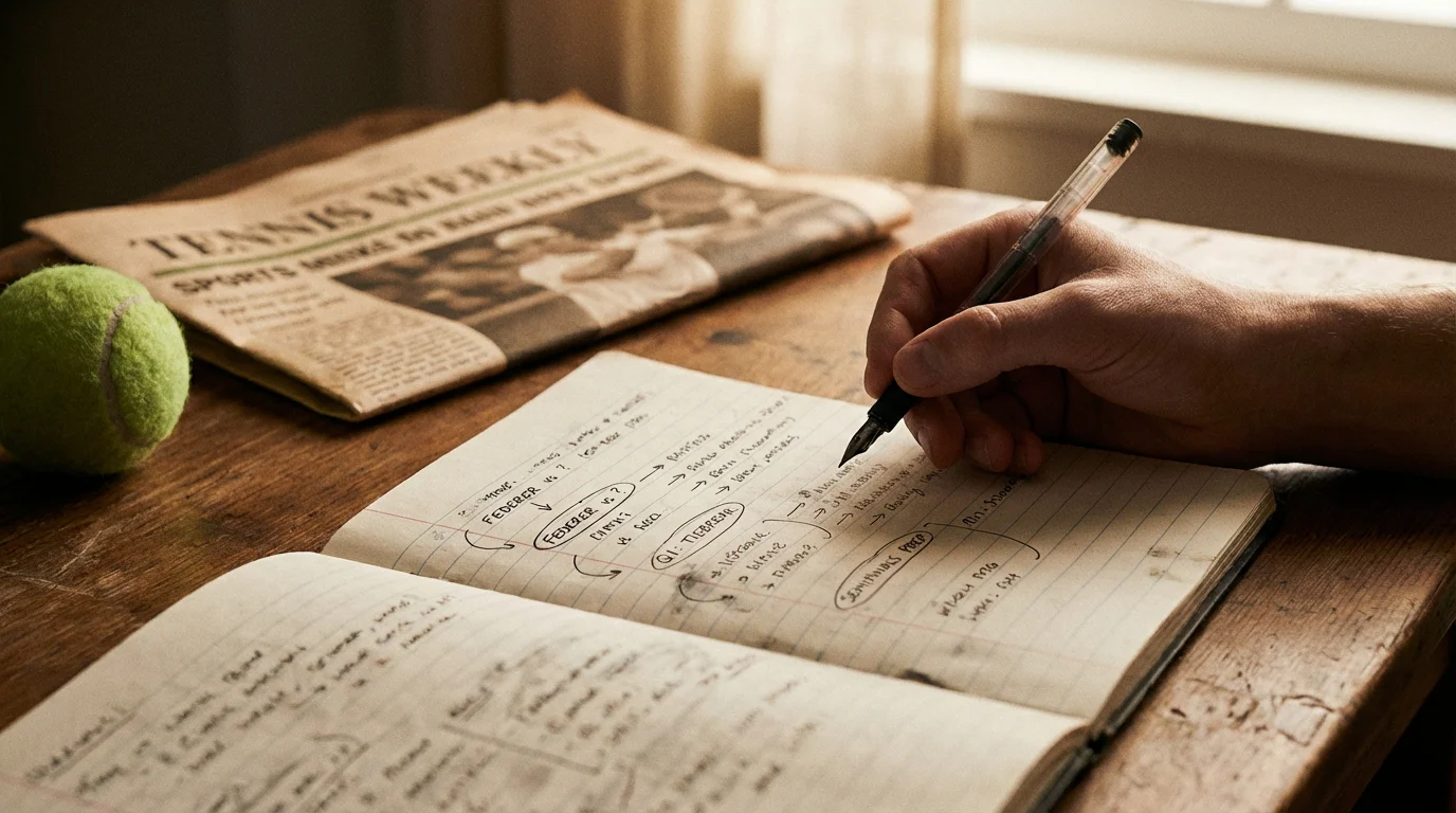 Bolígrafo sobre una hoja de apuntes con selecciones de partidos de tenis junto a una pista de hierba