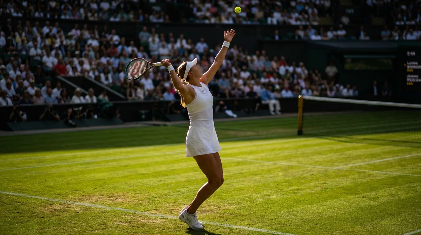 Jugadora de tenis sirviendo sobre césped en una pista de Wimbledon con luz de atardecer