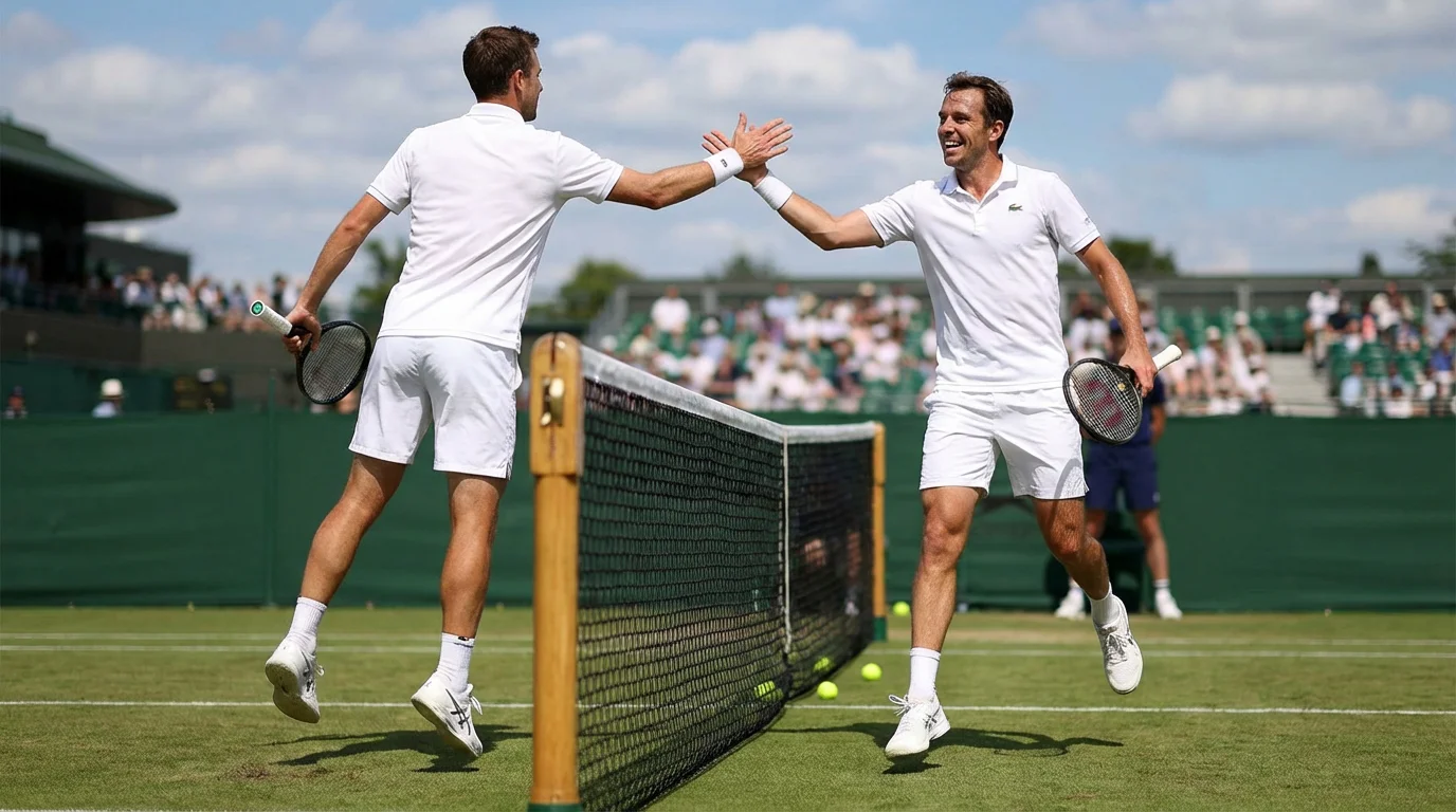Pareja de dobles de tenis chocando las manos en la red sobre hierba de Wimbledon