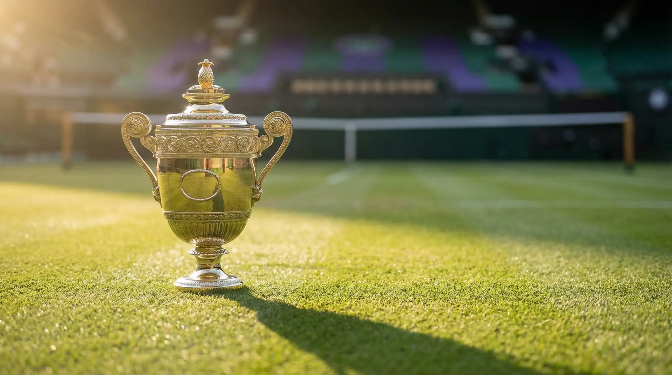 Trofeo de Wimbledon sobre la hierba del All England Club iluminado por la luz dorada de la tarde