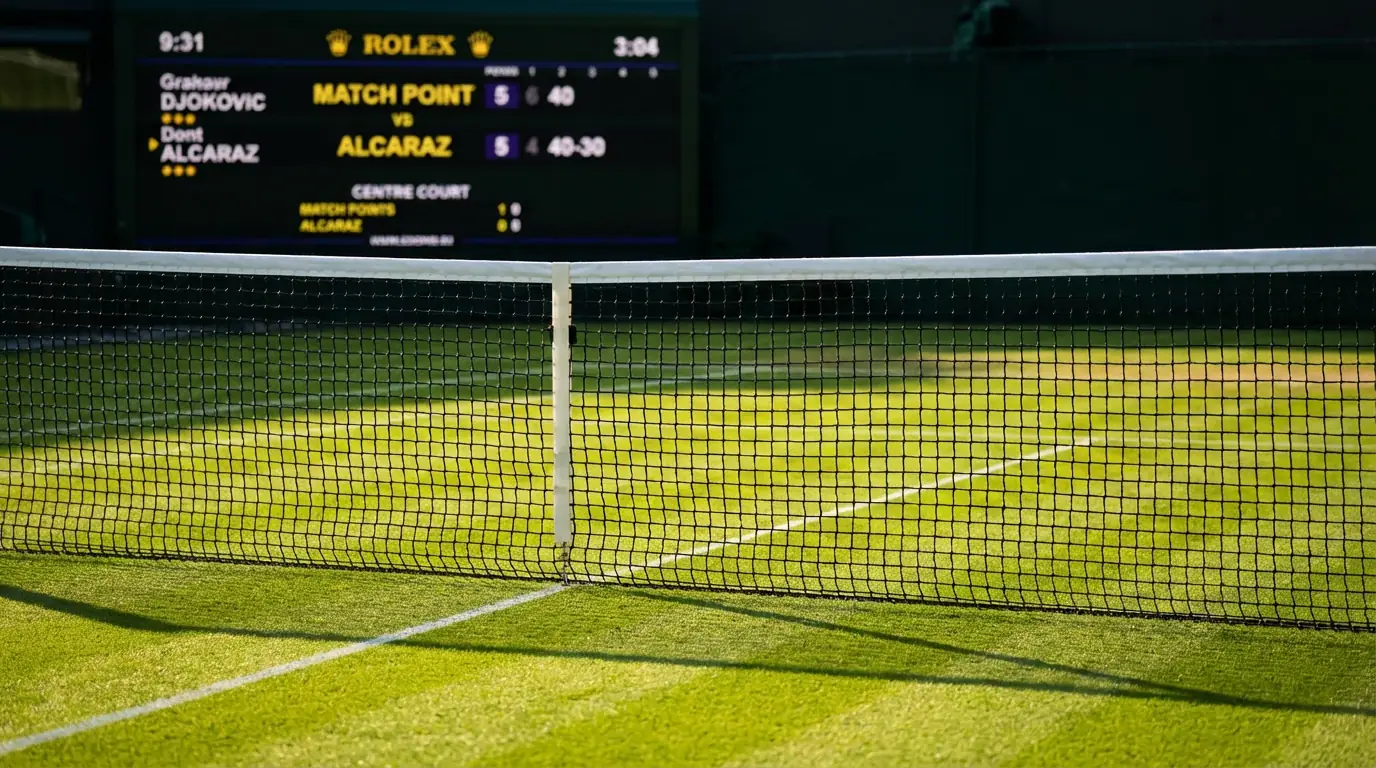 Pista de hierba de Wimbledon con líneas blancas marcadas vista desde la red con un marcador al fondo