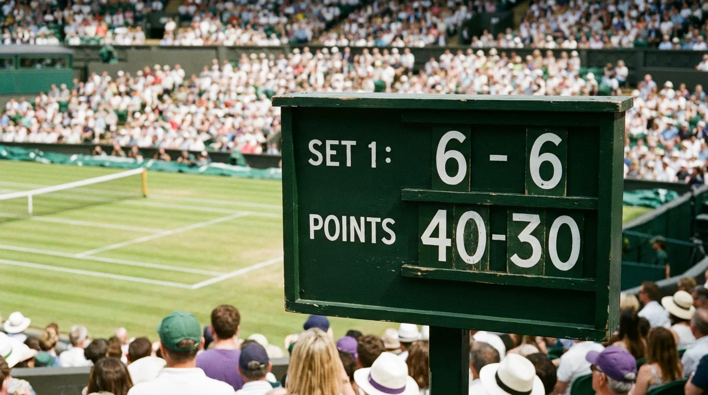Marcador de un partido de tenis en Wimbledon mostrando un set igualado con público de fondo