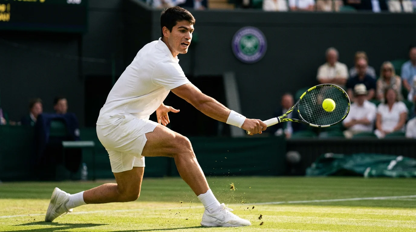 Jugador de tenis en plena acción golpeando la pelota sobre la hierba de Wimbledon con iluminación dramática