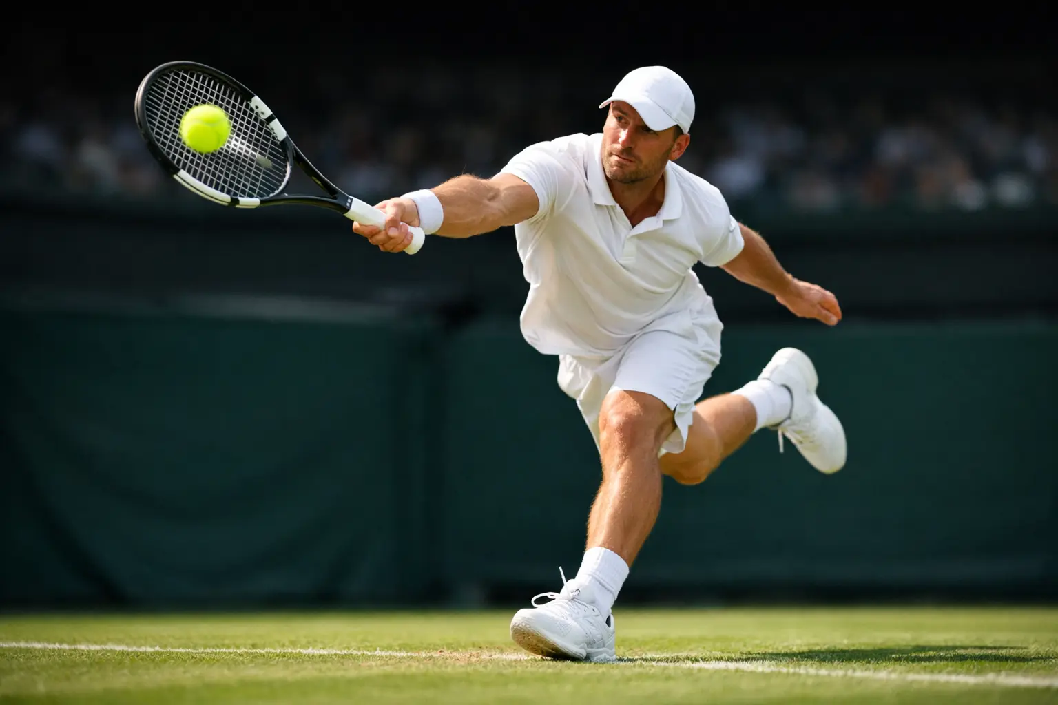 Tenista masculino ejecutando un saque potente sobre hierba