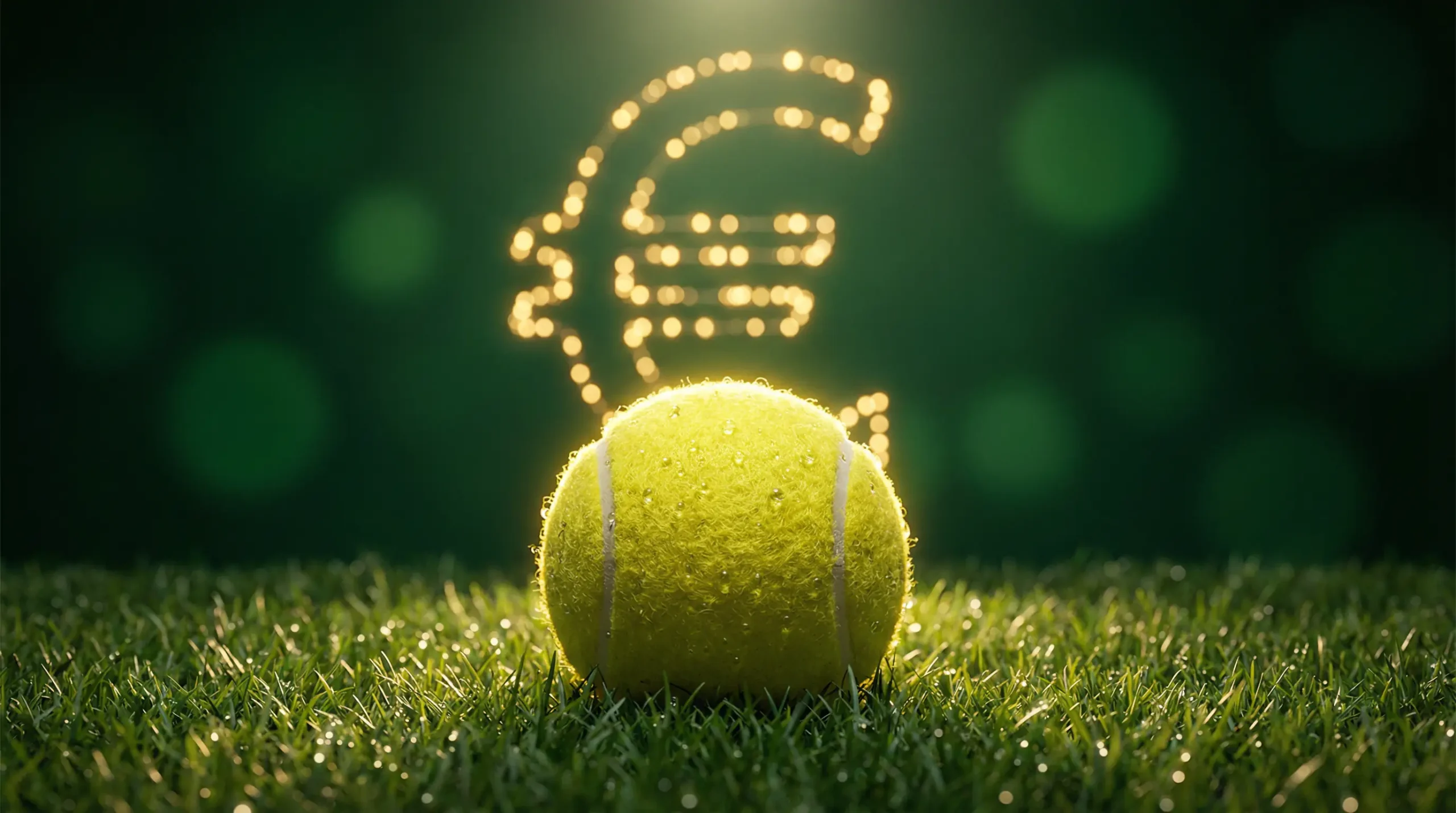 Pelota de tenis sobre la hierba de Wimbledon con el símbolo del euro proyectado como sombra suave