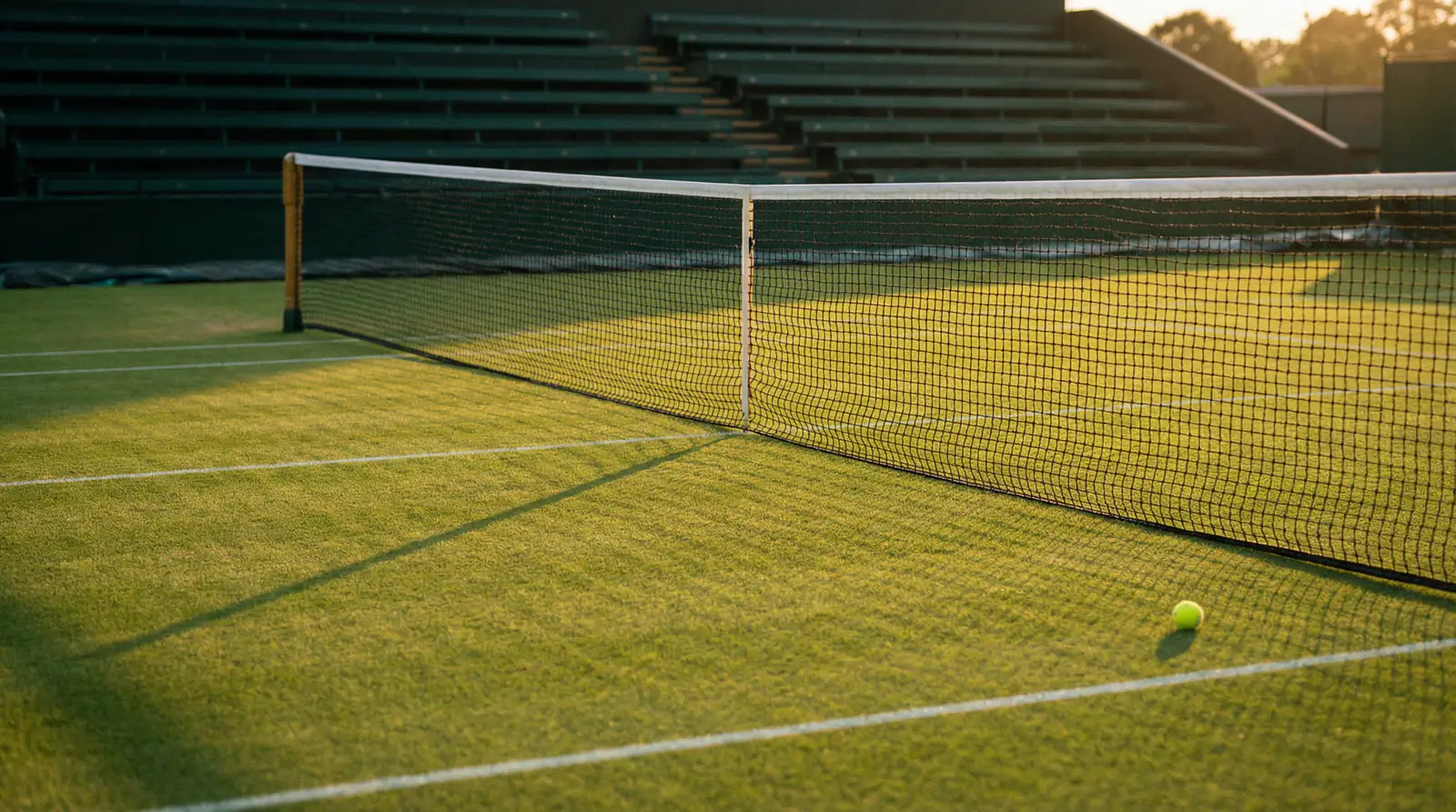 Pista de hierba de Wimbledon preparada para el torneo con las líneas blancas y la red bajo la luz del atardecer