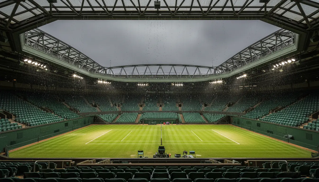 Pista central de Wimbledon con el techo retráctil parcialmente cerrado bajo un cielo nublado y lluvioso