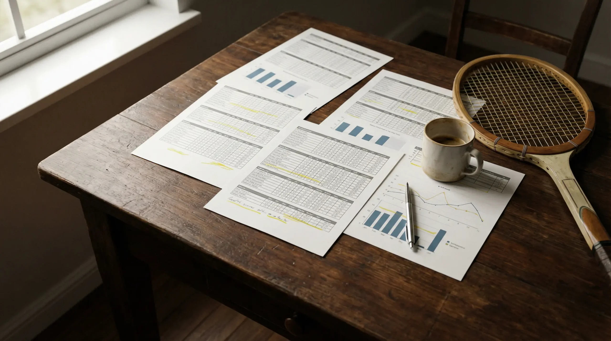 Persona analizando documentos y estadísticas de tenis sobre una mesa junto a una raqueta de tenis