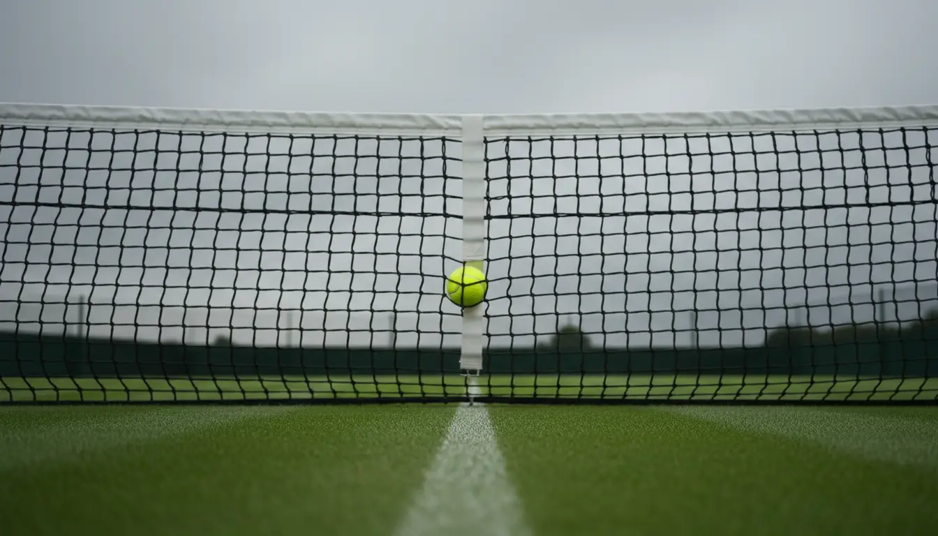 Pelota de tenis detenida en la red sobre césped de Wimbledon en un día nublado
