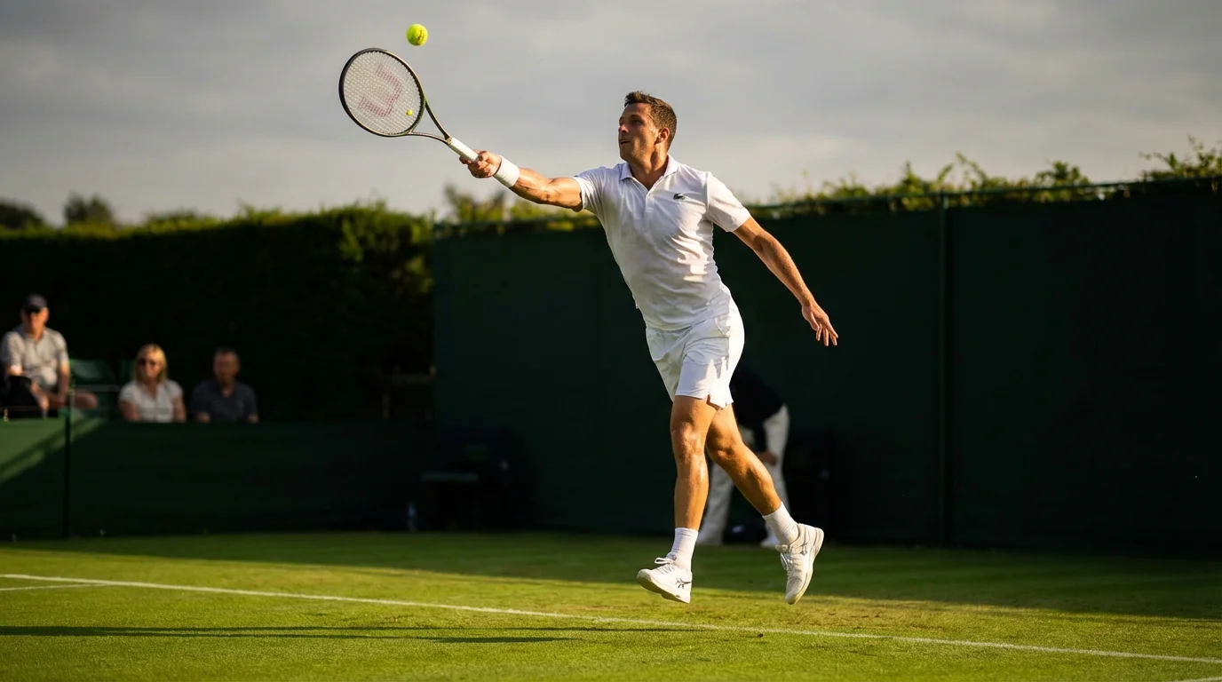 Tenista profesional ejecutando un saque potente sobre pista de hierba durante un partido