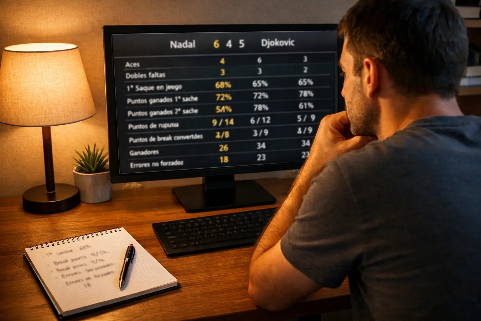 Persona analizando datos de partidos de tenis en escritorio