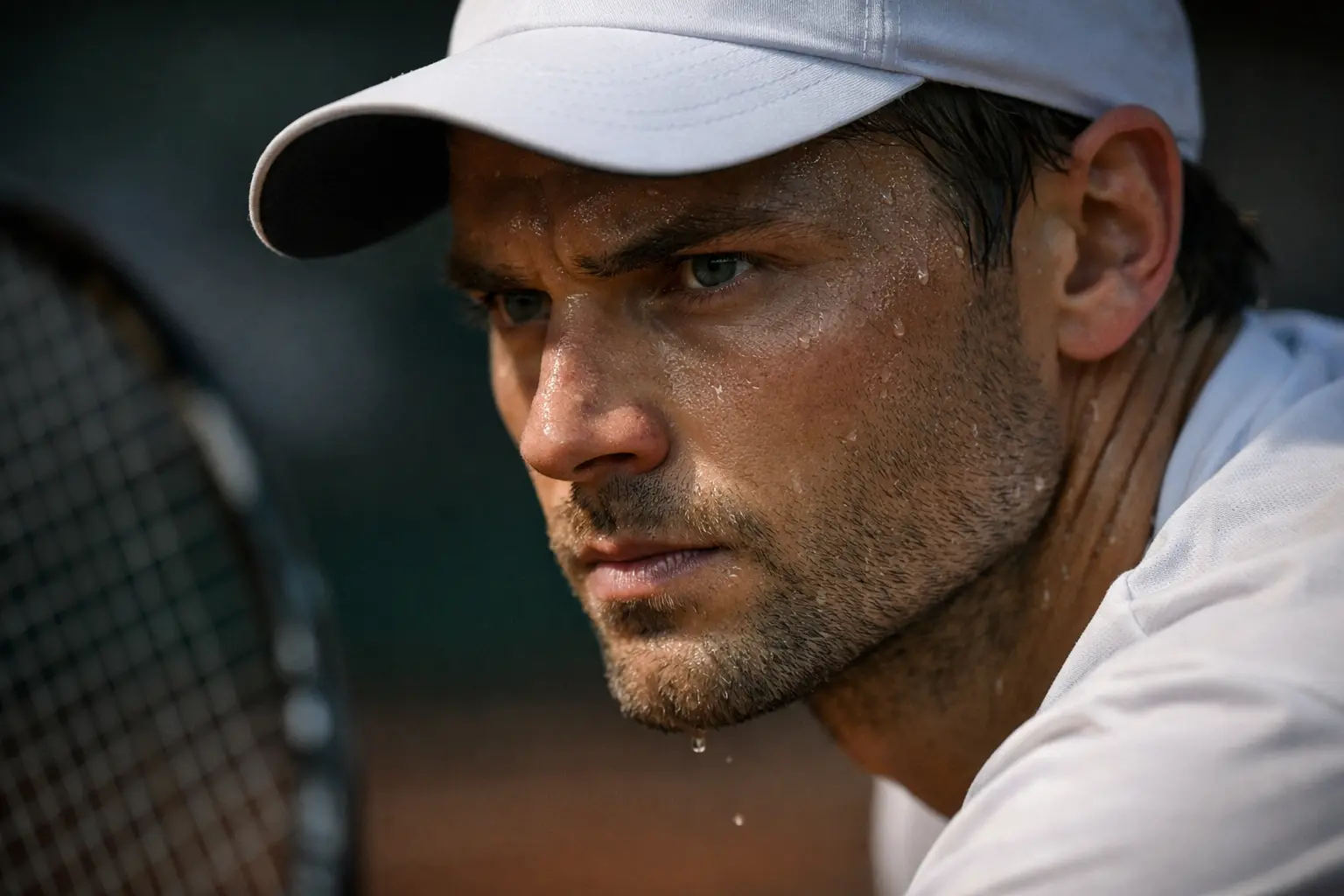 Tenista mostrando concentración intensa durante un punto decisivo