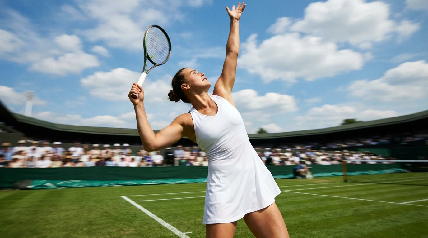 Jugadora de tenis profesional ejecutando un saque potente en pista de hierba
