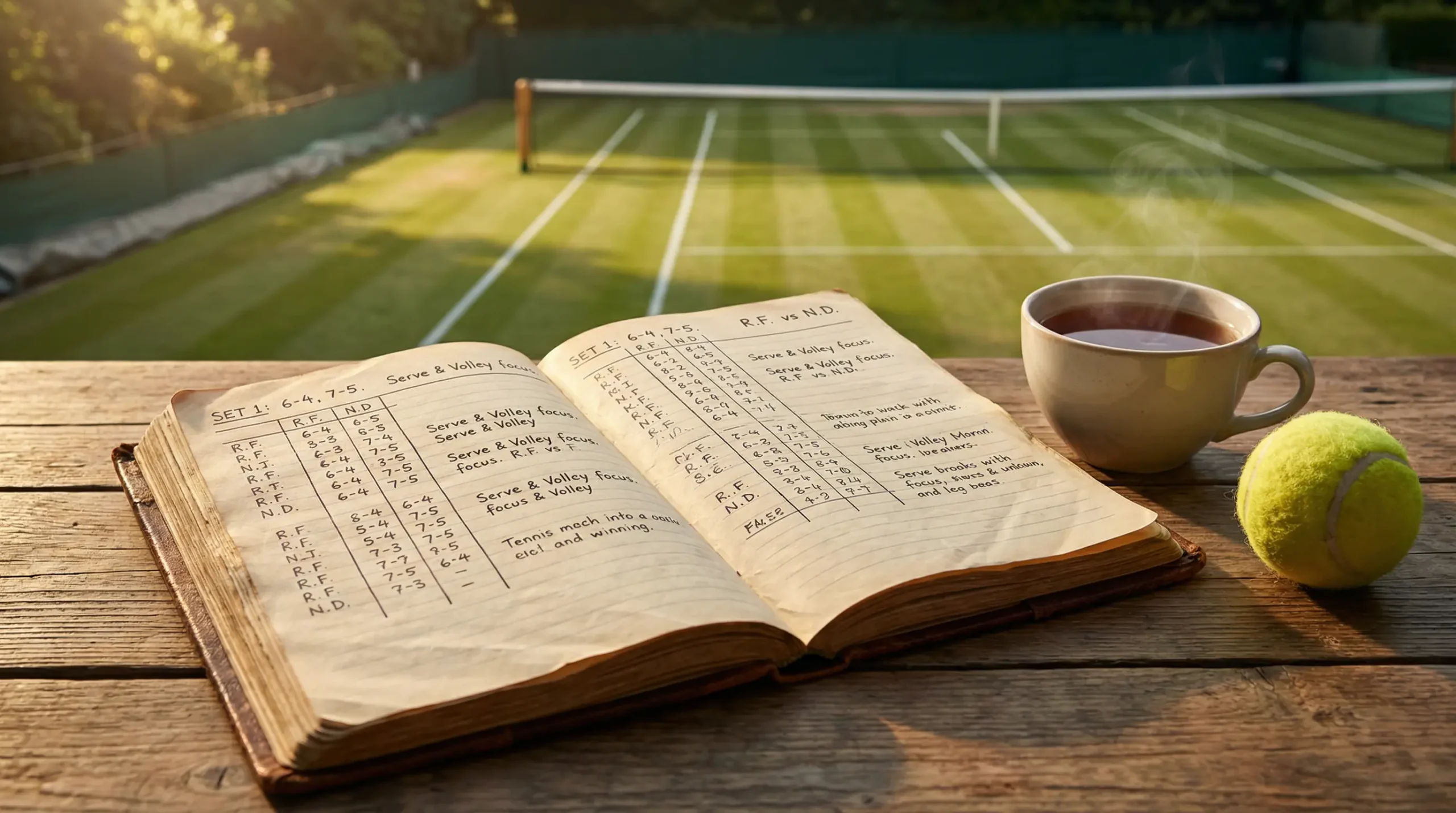 Cuaderno de apuestas de tenis junto a una pista de hierba de Wimbledon con anotaciones de bankroll