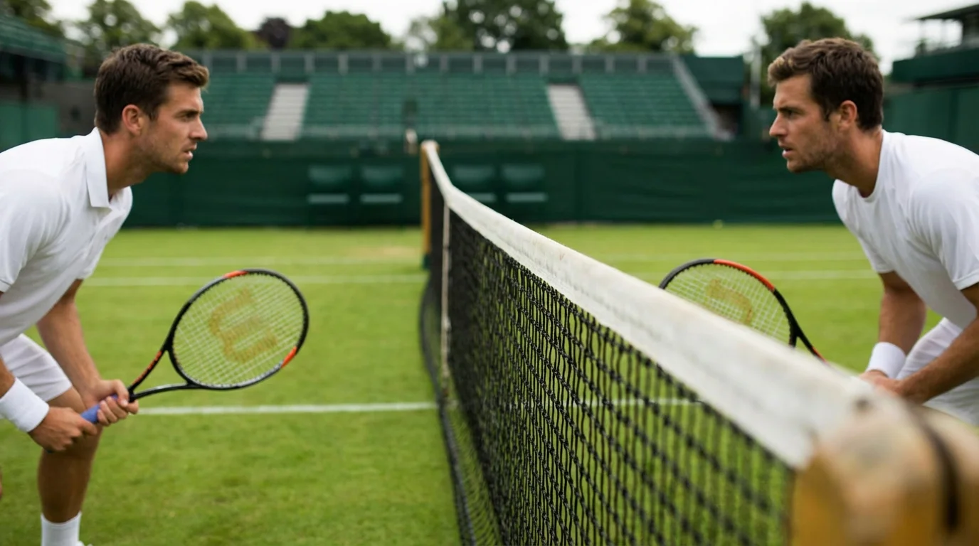 Dos tenistas profesionales frente a frente en una pista de hierba antes de un partido