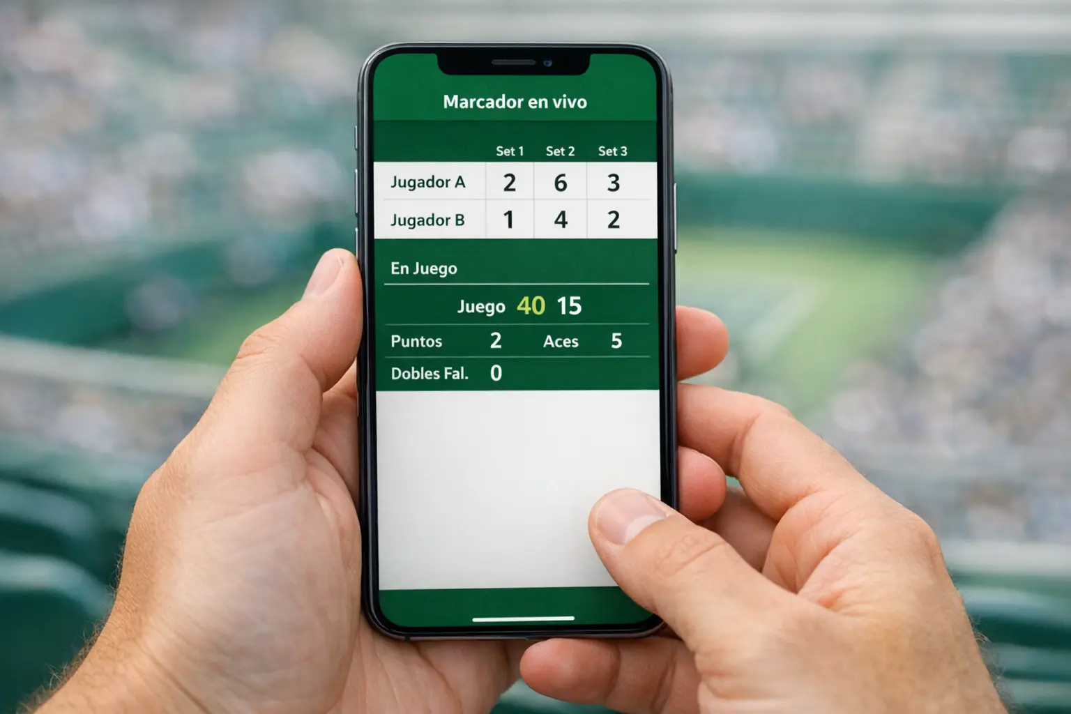Smartphone mostrando aplicación de seguimiento de tenis en vivo