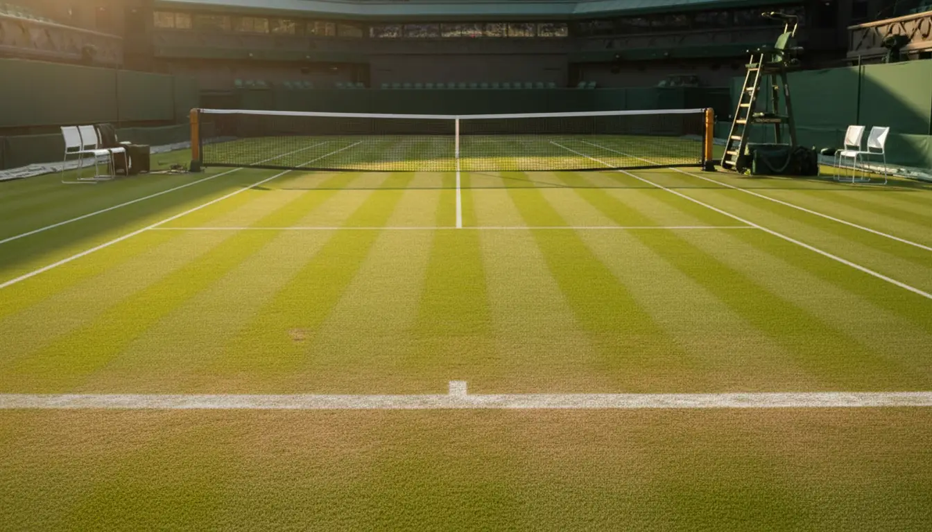 Primer plano de una pista de hierba de Wimbledon con líneas blancas marcadas antes de un partido