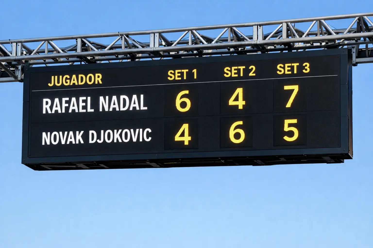 Marcador electrónico mostrando resultado de sets en partido de tenis