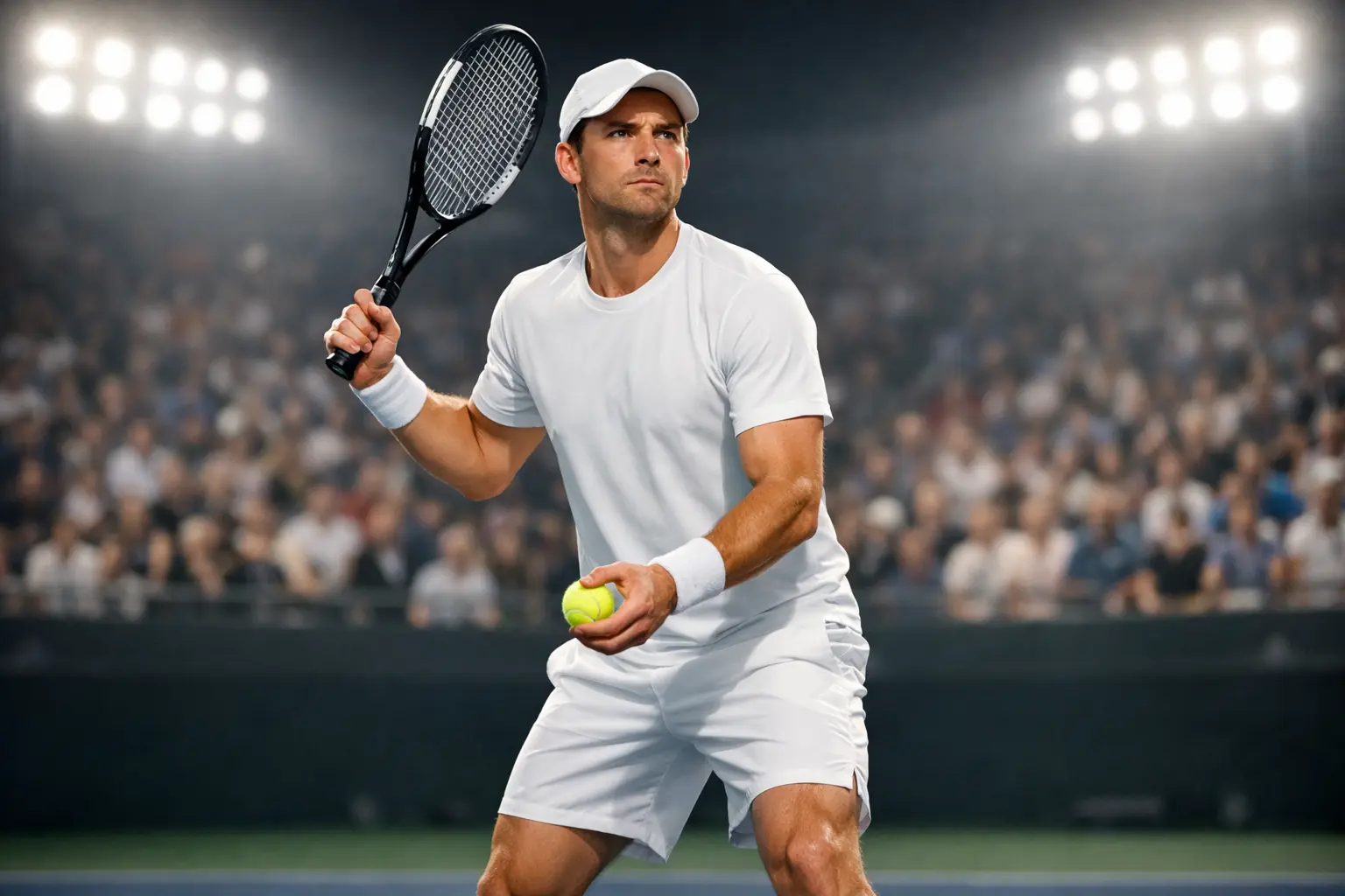 Tenista preparando un servicio durante un partido profesional