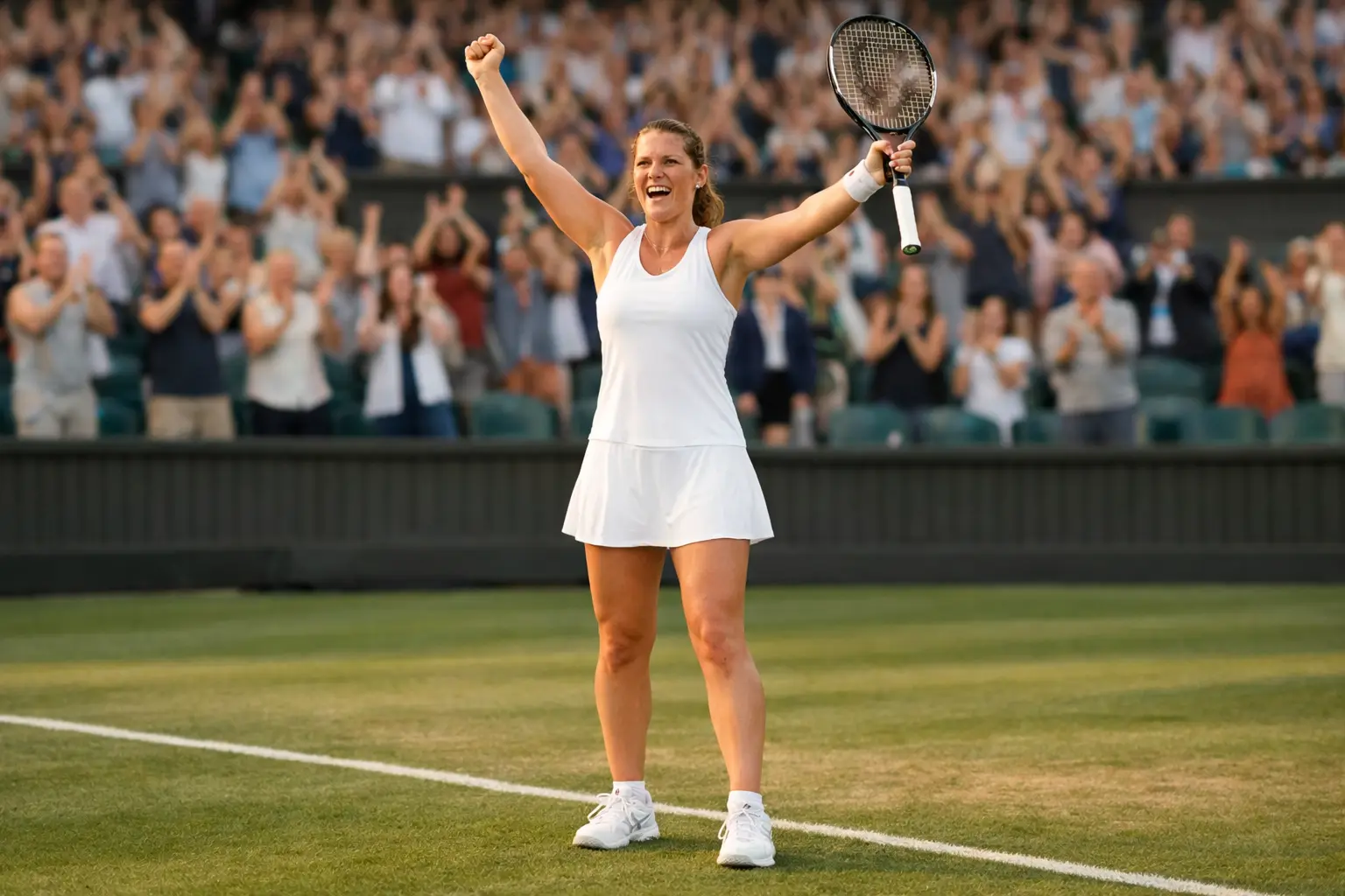 Jugador de tenis celebrando una victoria sorpresa en Wimbledon