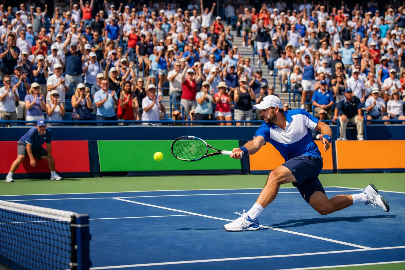 Momento intenso de partido de tenis con público animando