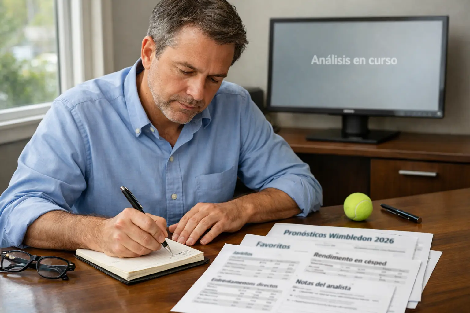 Analista deportivo revisando estadísticas de tenis en documentos