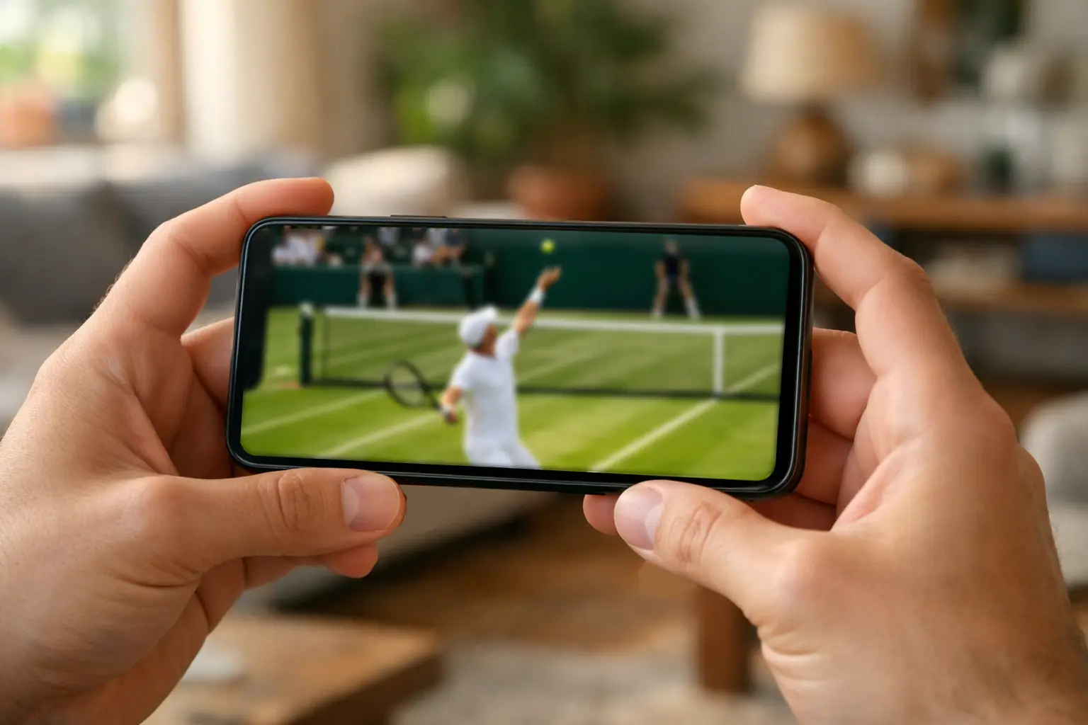 Aficionado siguiendo partido de tenis en vivo desde smartphone