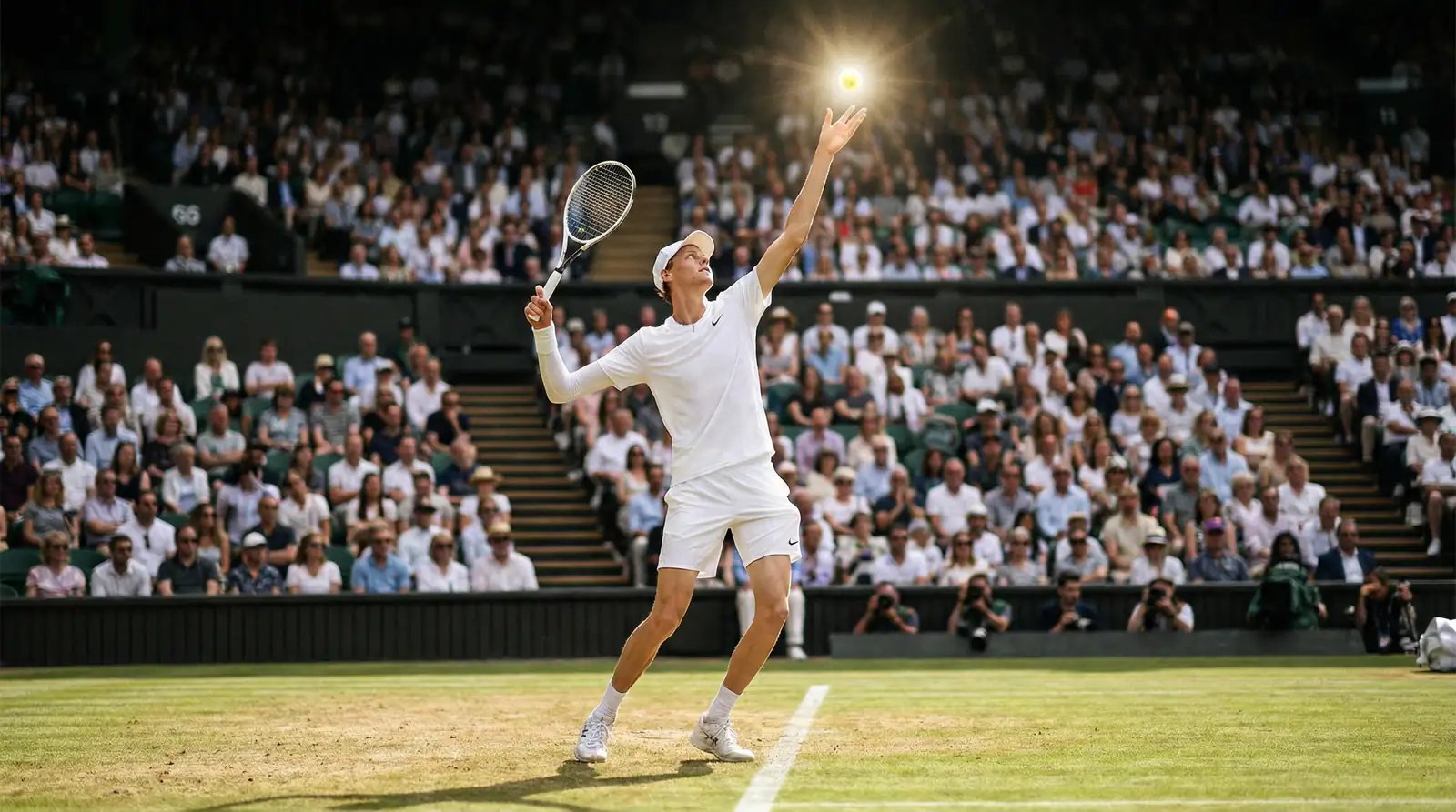 Tenista sirviendo en la pista central de hierba de Wimbledon bajo la luz del sol