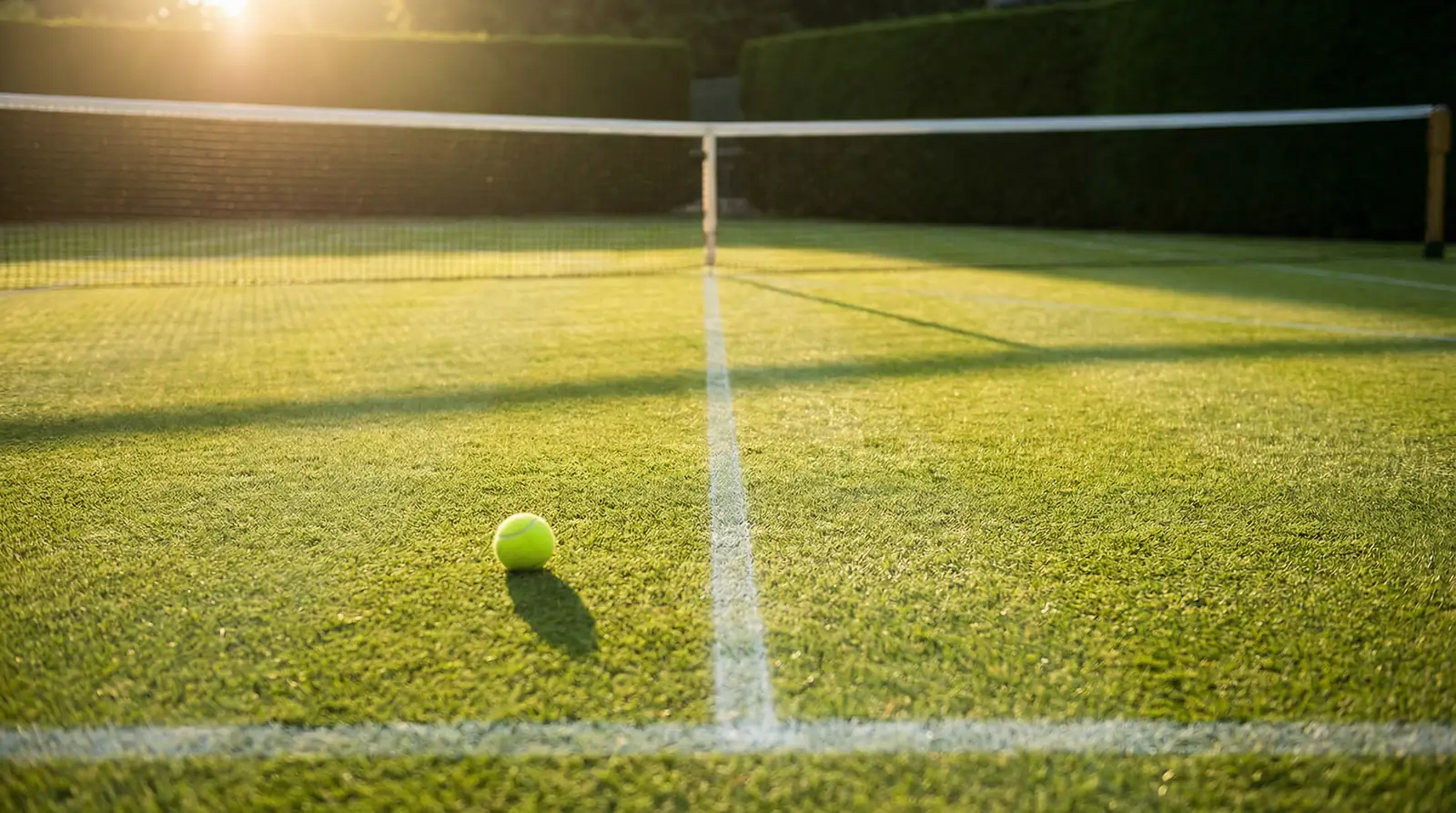 Pista de hierba de tenis con líneas blancas y red bajo la luz del sol en un torneo profesional
