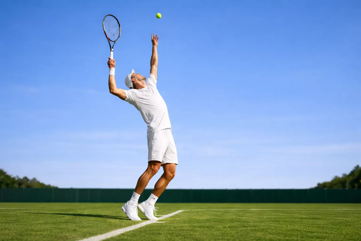 Tenista alto ejecutando un saque potente