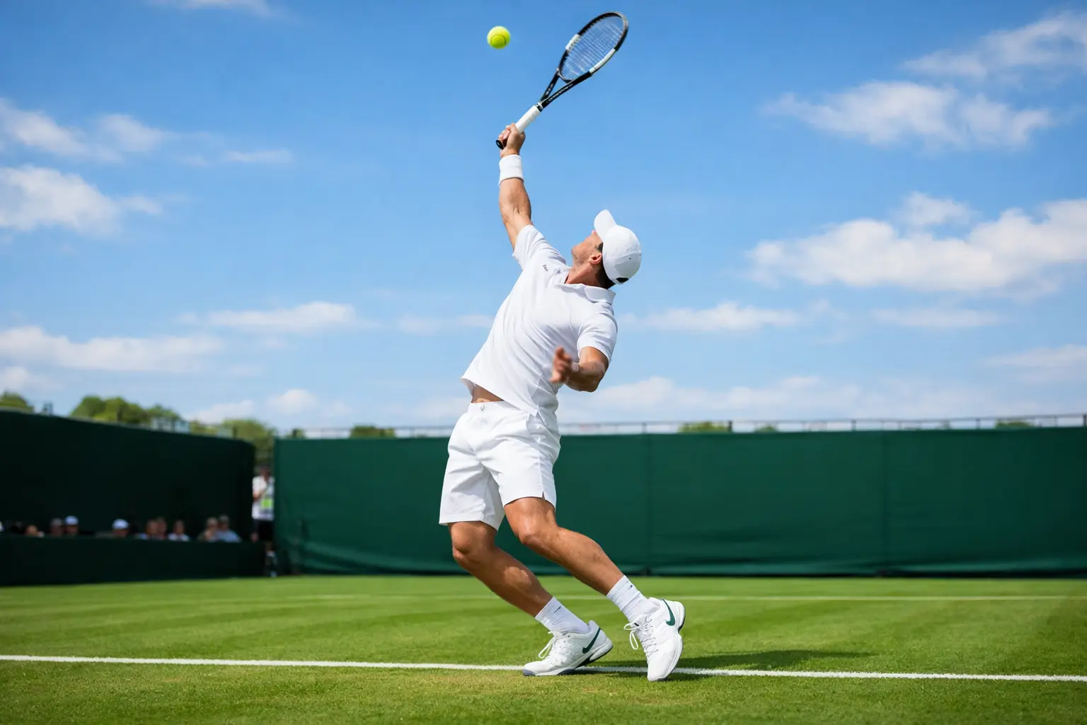 Tenista ejecutando un potente servicio en pista de hierba durante un torneo profesional