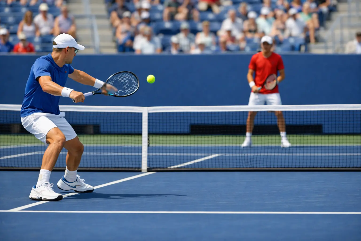 Dos tenistas profesionales en posición de juego cerca de la red
