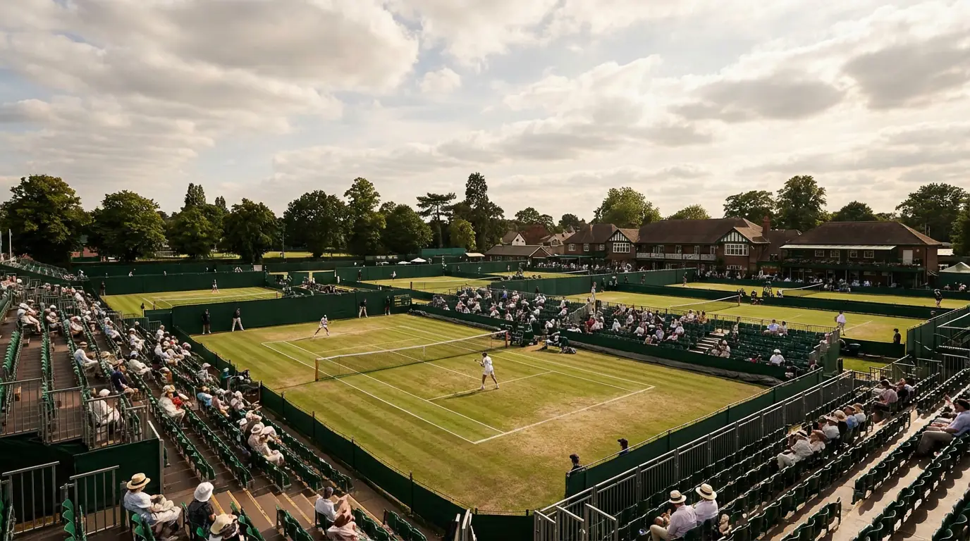 Vista panorámica de un torneo de tenis sobre hierba con público en las gradas y cielo parcialmente nublado