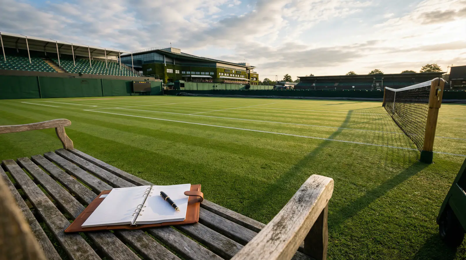 Pista de hierba de Wimbledon con un cuaderno de planificación abierto sobre un banco junto a la cancha