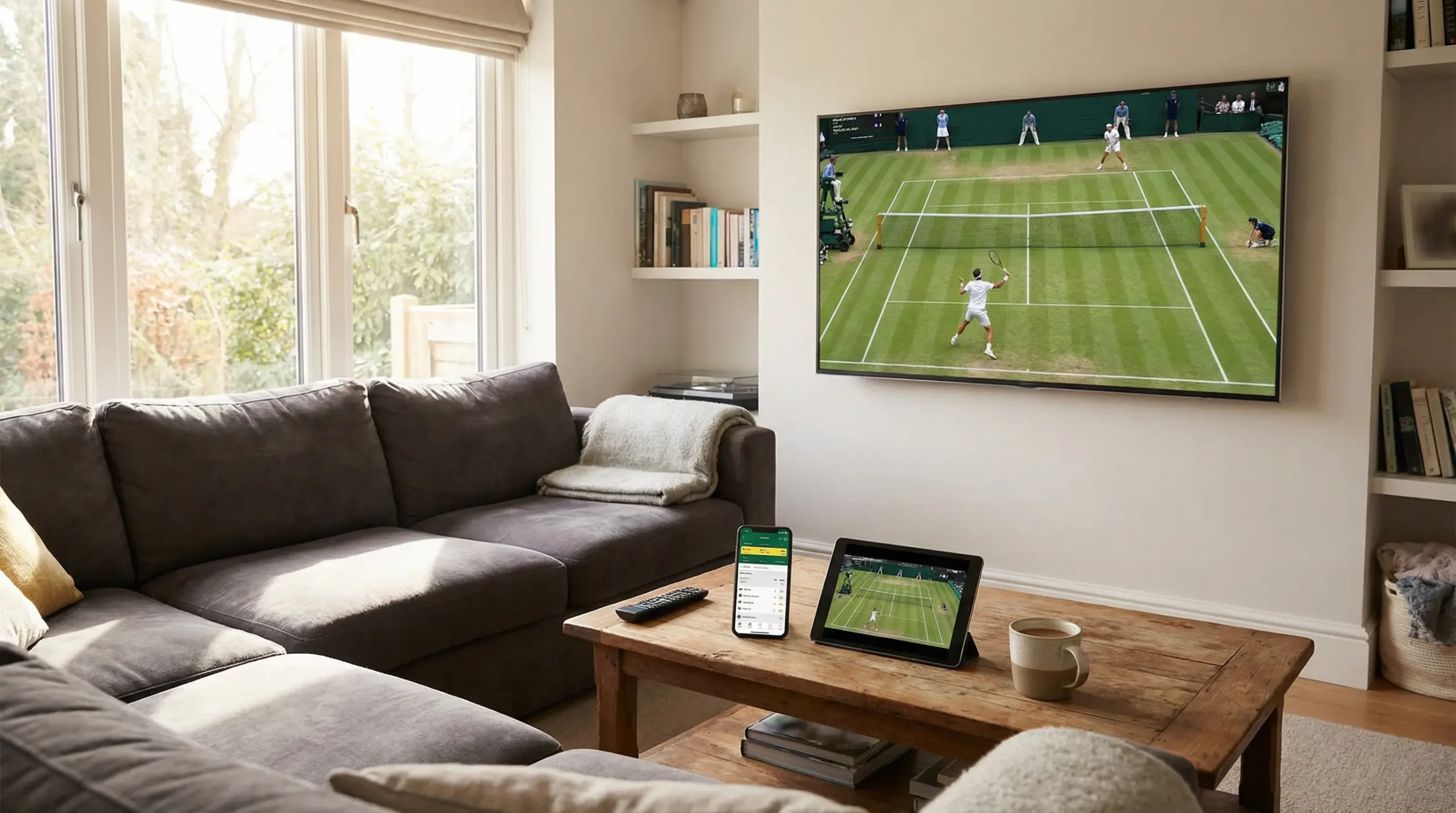 Pantalla de televisión mostrando un partido de tenis sobre hierba en un salón con luz natural