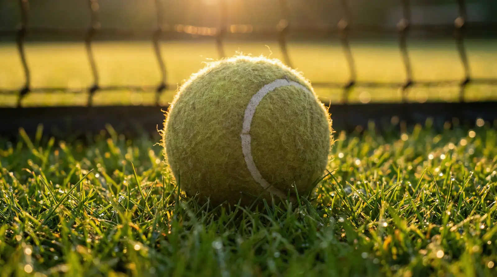 Pelota de tenis sobre hierba verde de Wimbledon con la red al fondo bajo la luz del atardecer