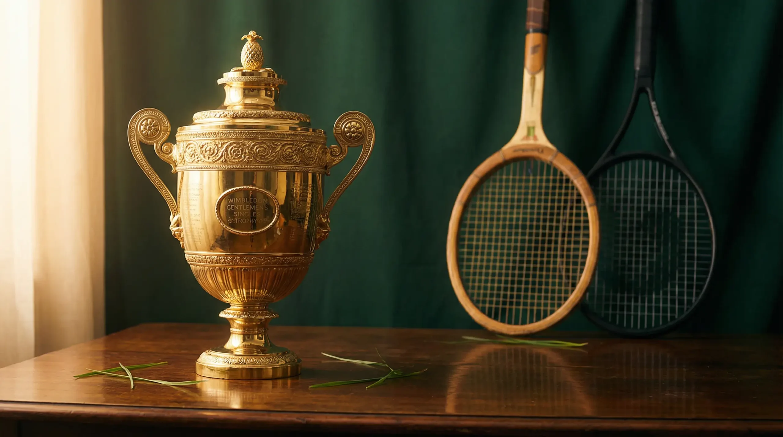Trofeo dorado de Wimbledon sobre una mesa de madera con raquetas de tenis antiguas y modernas al fondo