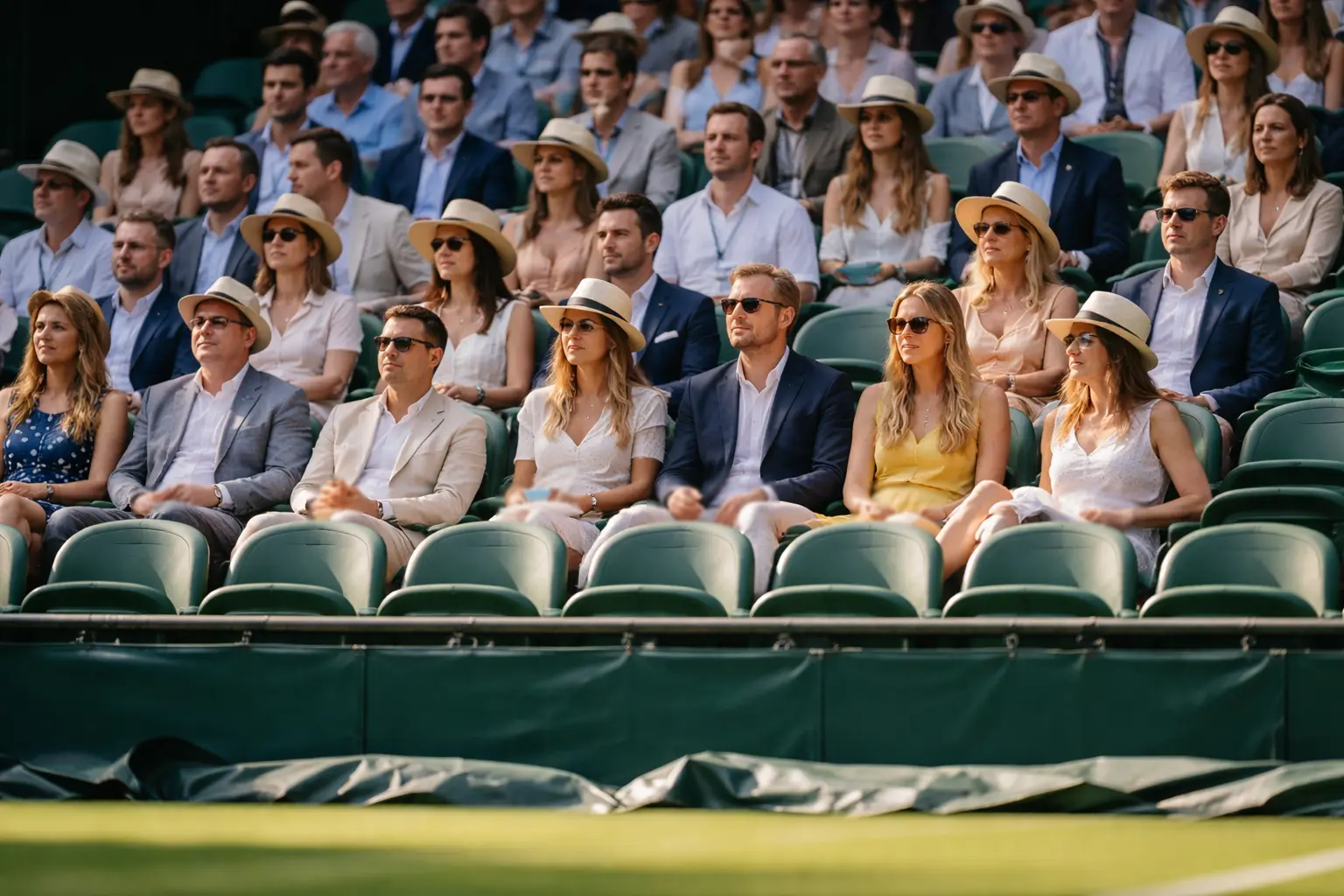 Público elegante en las tribunas de Wimbledon durante un partido de tenis sobre hierba