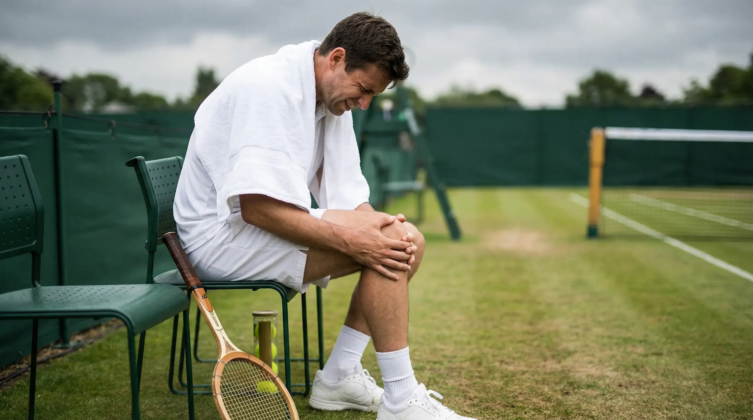 Tenista sentado en la silla de la pista de hierba de Wimbledon tocándose la rodilla con una toalla sobre los hombros